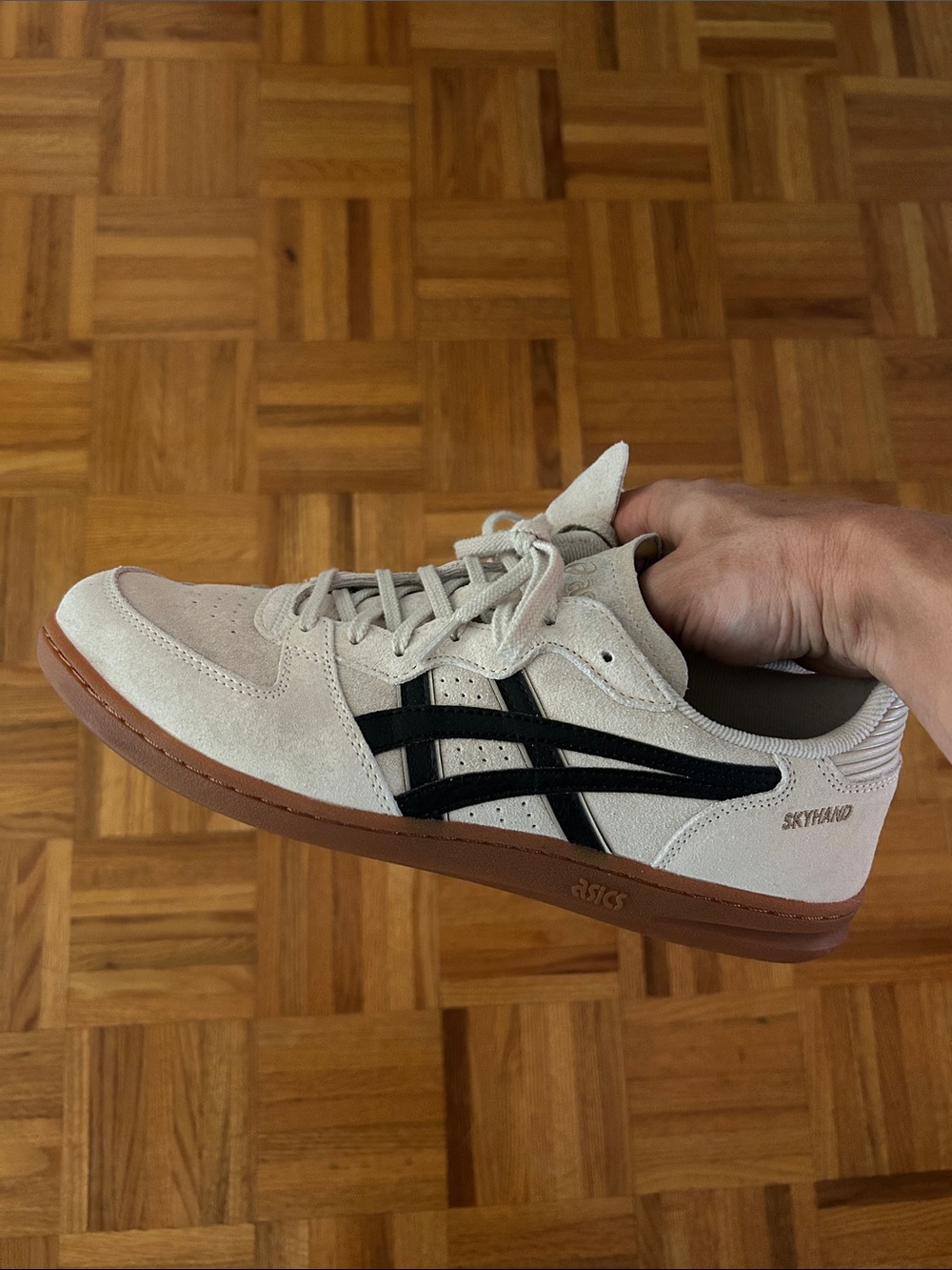 Asics Skyhand Suede Men's Sneakers in Cream with Black Stripes and Gum Sole